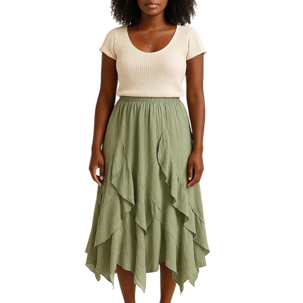 CARISSIMO Sage Layered Petal Hem‎ Skirt Size 12 Boho Fairycore Lagenlook